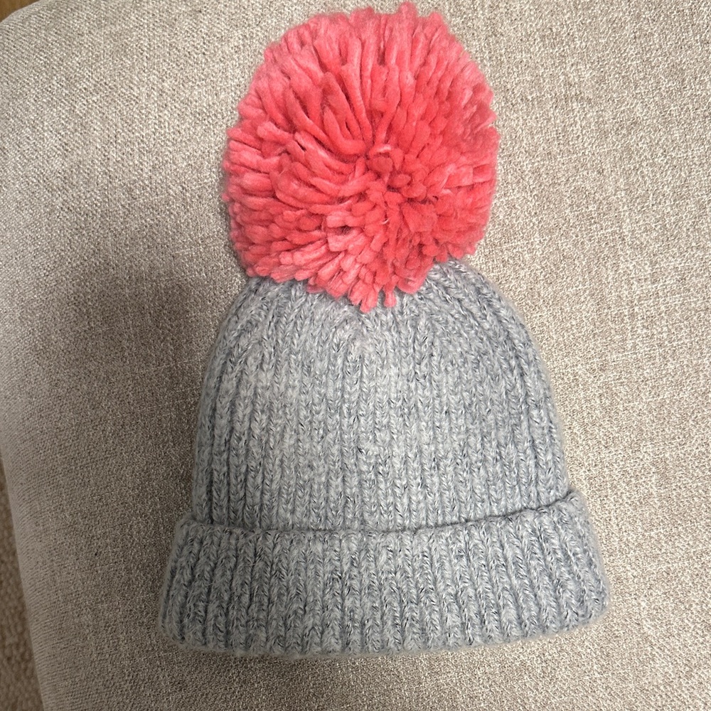 Gray Knit Hat with Pink Pom-Pom